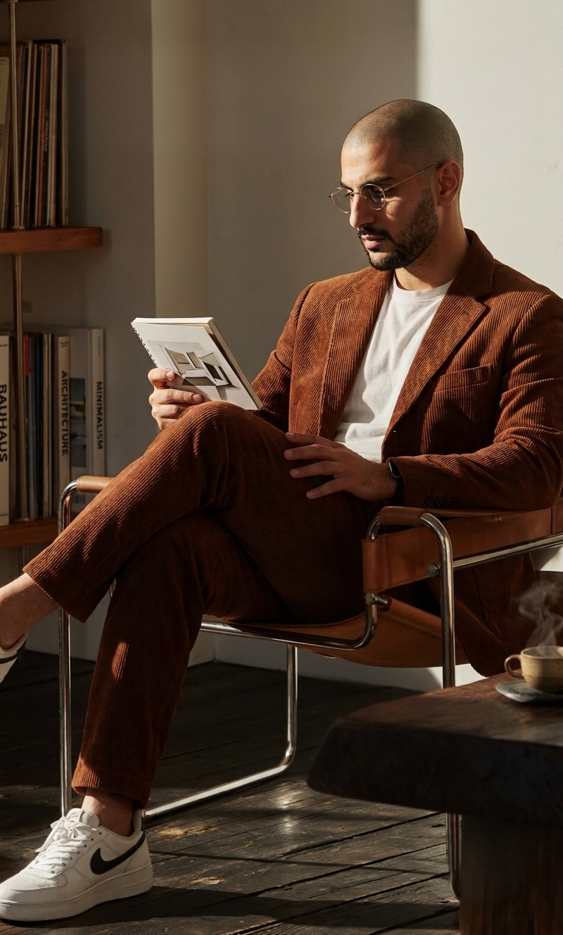Portrait of Luke Ferris, art director, seated with an architecture monograph