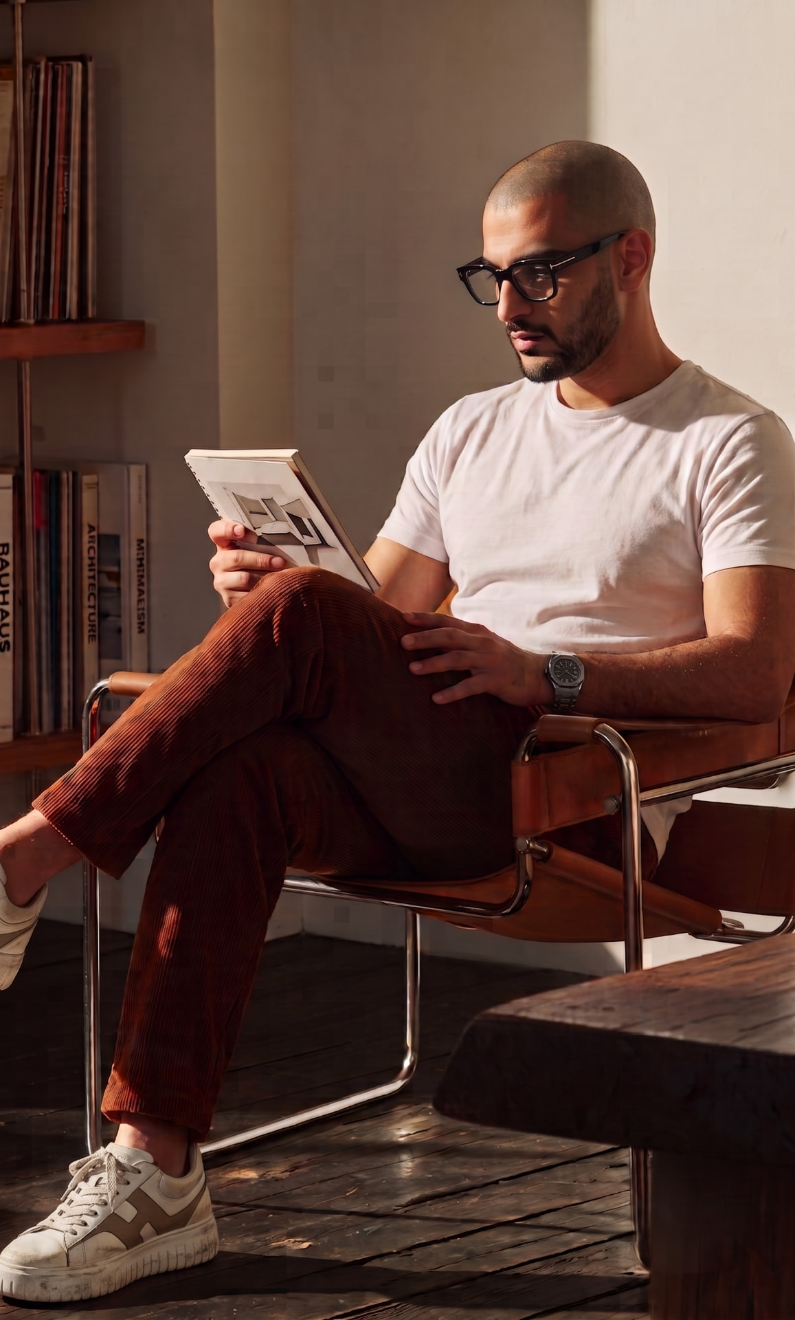 Portrait of Luke Ferris, art director, seated with an architecture monograph